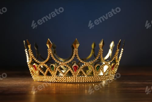 Preview: Beautiful golden crown with gems on wooden table. Fantasy item