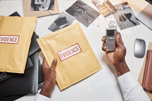 Preview: Top view detective with hands holding evidence folder and voice recorder at desk
