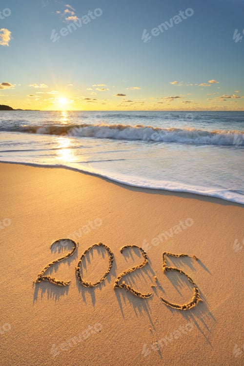 Preview: 2025 year on the sea shore during sunset