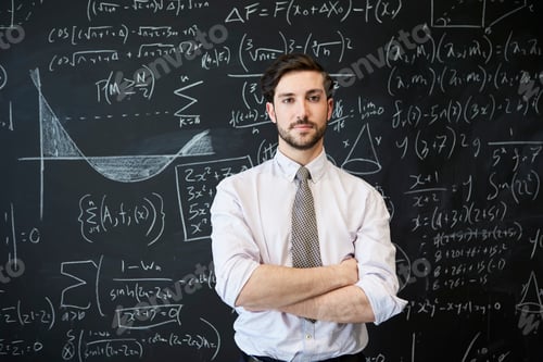 Preview: Young man looking to camera in front of a blackboard