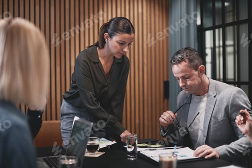 Preview: Businesswoman discussing paperwork with a colleague in a meeting