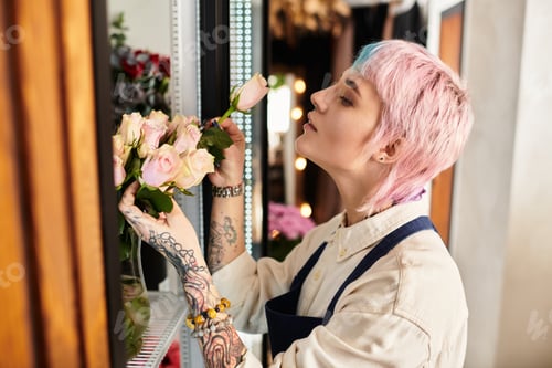 Preview: Young florist lovingly arranges flowers in her charming flower shop