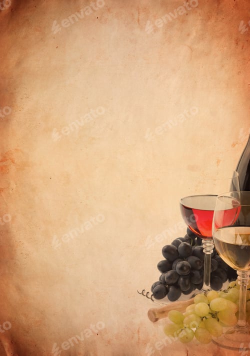 Preview: wine in glass and grape fruit on old paper