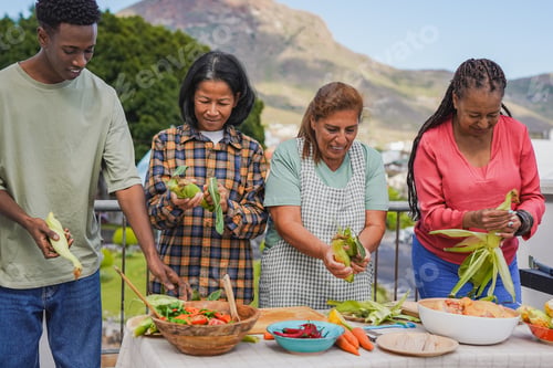 Preview: Multiracial friends preparing corn cob food for barbecue dinner