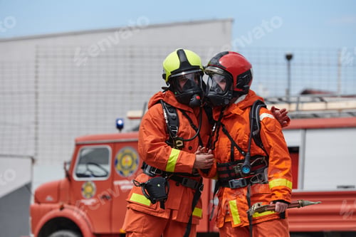 Preview: A unified team of firefighters, adorned in their uniforms, engages in a heartfelt celebration marked