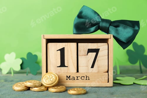 Preview: Composition with block calendar on wooden table. St. Patrick's Day celebration