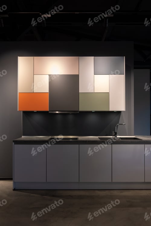Preview: Modern kitchen interior with designer cabinets minimal style. Stylish dark kitchen furniture.