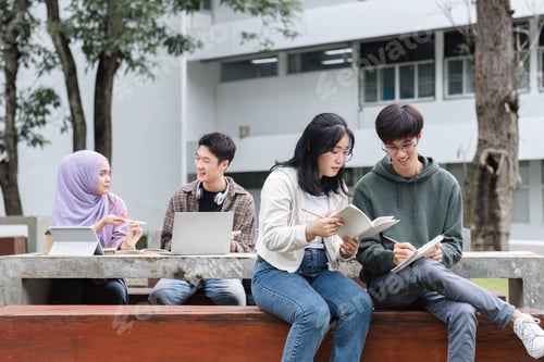 Preview: A multiracial group of students at the college, including Muslim and Asian students, sat on benches
