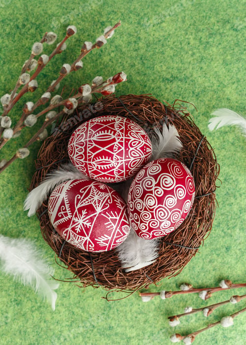 Preview: Pysanky, decorated Easter eggs in the nest