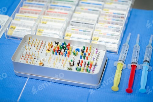 Preview: Closeup shot of a colorful endodontics kit and syringes