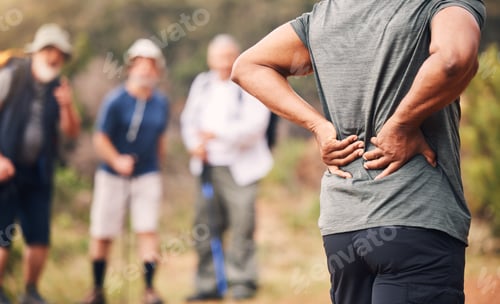 Preview: Man with back pain, exercise injury and outdoor hiking, spine and health, muscle tension and fitnes