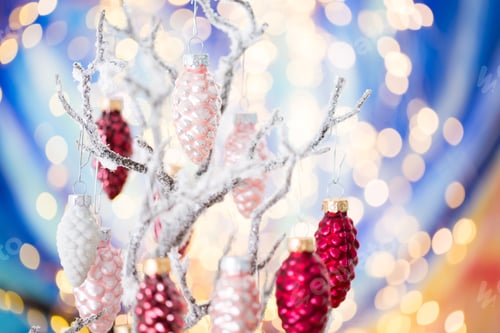 Preview: Christmas greeting card. Pine decoration on bokeh background. New Year concept. Copy space.