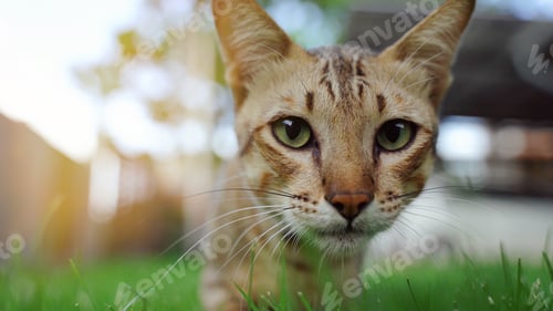 Preview: Close up cute cat walking on green grass garden