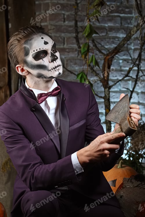 Preview: Male sugar skull makeup. Face painting art.