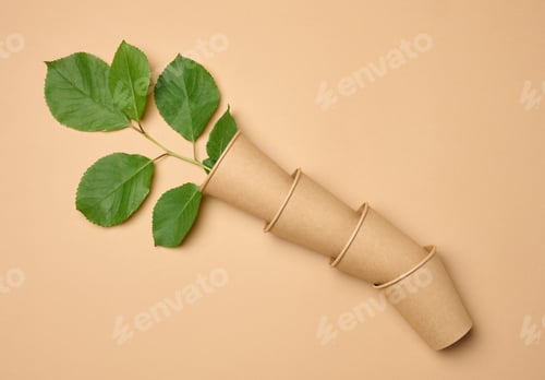 Preview: Stack of brown paper disposable cardboard cups on beige background and green leaves