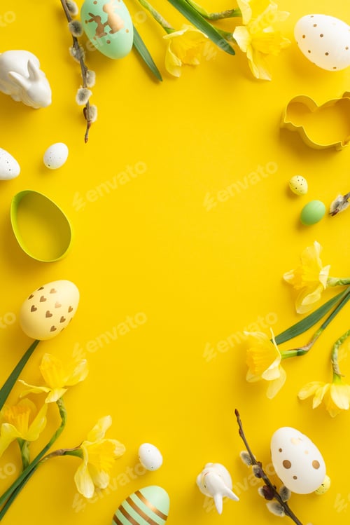 Preview: Easter-themed vertical composition with delicate decorated eggs, daffodil flowers