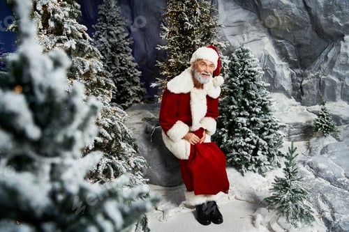 Preview: A festive winter scene featuring Santa Claus among snowy trees during the holiday season