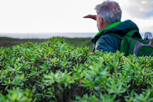 Preview: Blurred senior man with backpack hiking in the mountain and looking at the horizon over sea.