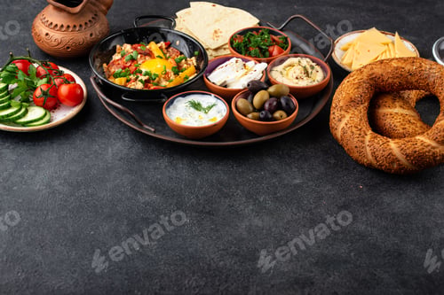 Preview: Traditional Turkish breakfast with meze and simit
