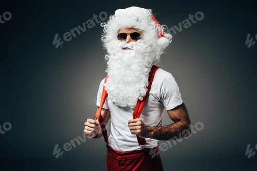 Preview: confident santa claus in sunglasses standing isolated on grey background