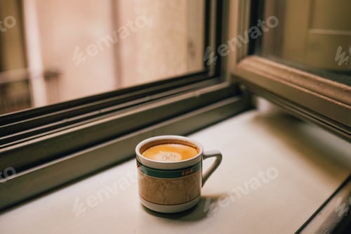 Preview: Coffee Cup on a Windowsill with Urban Balcony View