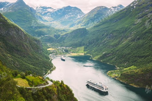 Preview: Geirangerfjord, Norway. Touristic Ship Ferry Boat Cruise Ship Liner Floating Near Geiranger In