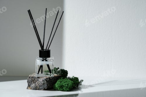 Preview: Elegant Aroma Diffuser With Black Reeds on a Granite Base Next to Moss Decor