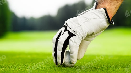 Preview: Male hands in a white glove put a ball on the course