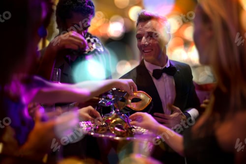 Preview: Man in tuxedo handing over eye masks on a costume party