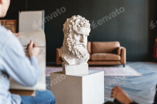 Preview: Young white student drawing plaster bust during class in art school