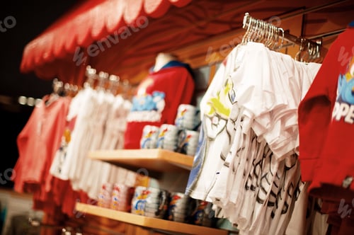 Preview: Clothes on display in an indoor souvenir shop