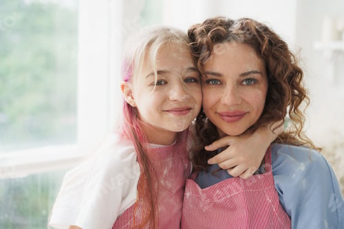 Preview: Portrait of a teen girl with her mother at home in kitchen
