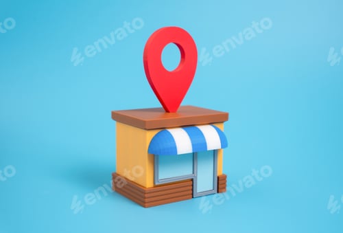 Vista previa: Tienda con símbolo de geolocalización en el techo. Botón PIN de ubicación. Marketing de ubicación empresarial