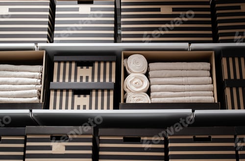 Preview: Cardboard striped boxes and white towels on hanging shelves. The concept of home storage