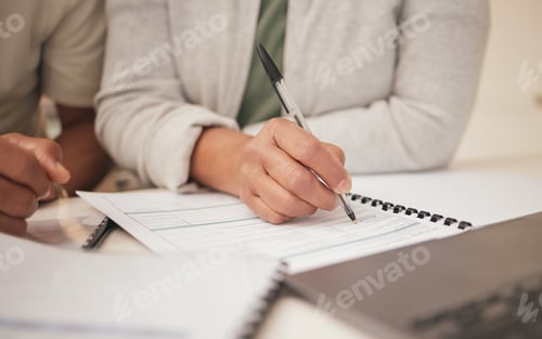 Preview: People, hands and writing with pen on documents for application, form or contract together at home.
