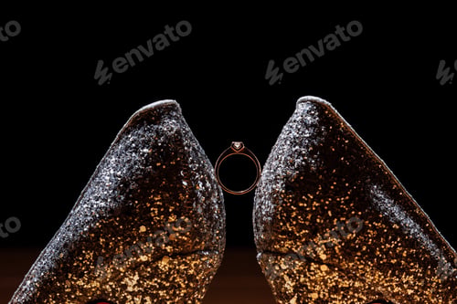 Preview: Close up elegant wedding diamond ring stand between glitter and twinkle women high heels shoes.