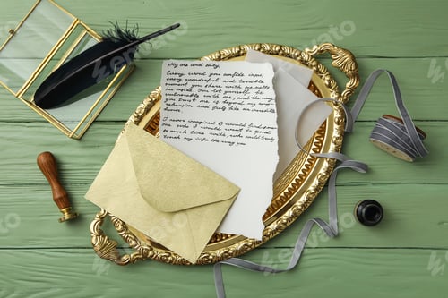 Preview: Golden tray with letter, feather and gray ribbon on green wooden background, top view