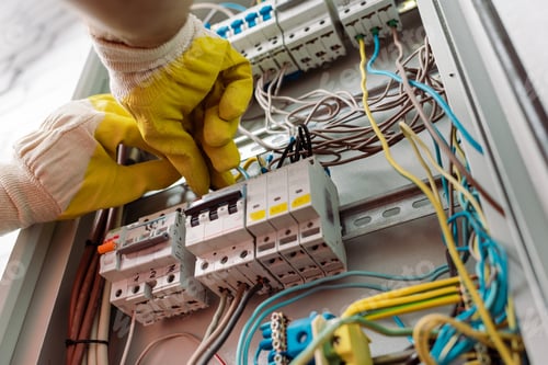 Preview: Low angle view of electrician in gloves fixing electrical distribution box