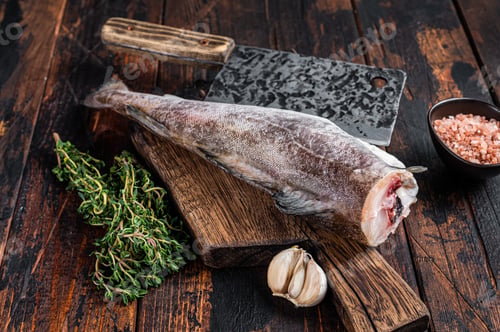 Preview: Fresh Raw cod or codfish fish on wooden board with cleaver. Dark Wooden background. Top view