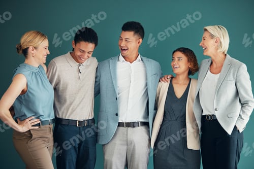 Preview: Business people, team and corporate group with collaboration, happiness and lawyers on studio backg