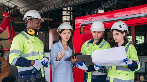 Preview: A group of workers wearing safety gear and holding a tablet