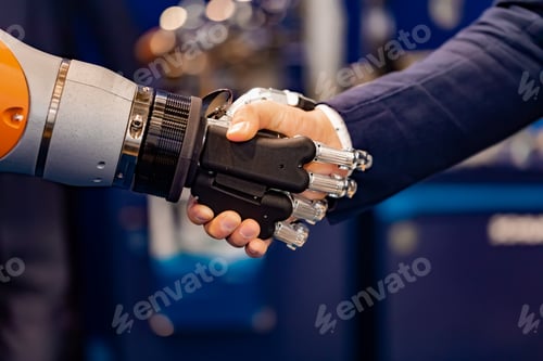 Preview: Hand of a businessman shaking hands with a Android robot.
