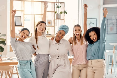 Preview: Empowerment, success and portrait of group of women celebrating achievement, win and victory in sta