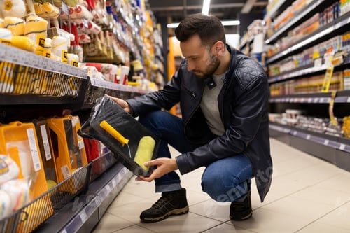 Preview: a man in a hardware store chooses a roller and a container for paint, construction and repair