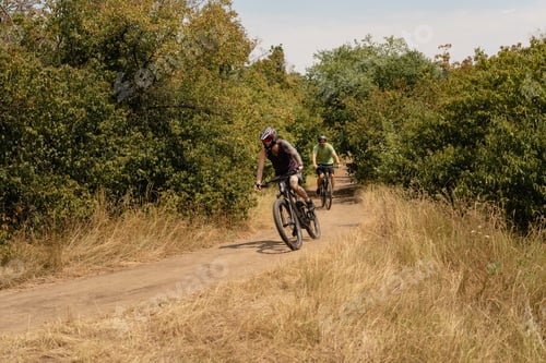 Preview: Two cyclists enjoying an adventurous trail ride through lush green forest terrain