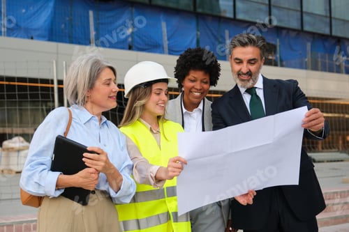 Preview: Diverse team of architects and engineers examining blueprints on construction site