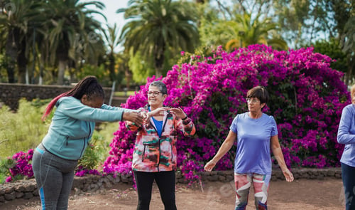 Preview: Group of fit elderly women doing stretching before sport workout at city park