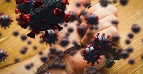 Preview: Hand Holds Rosary Amidst Coronavirus Particles
