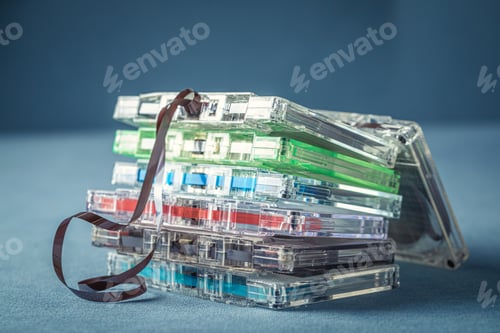 Preview: Pile of transparent cassette tapes and extracted tape