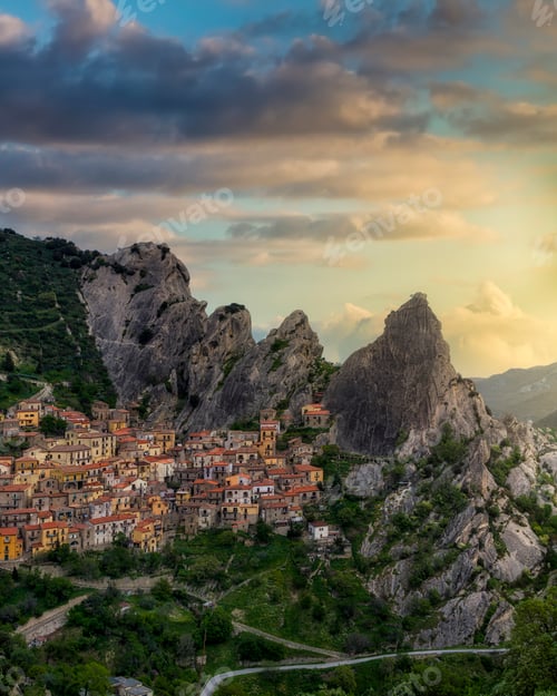 Preview: Castelmezzano Village Clinging to Lucanian Dolomites Cliff, Basilicata, Italy
